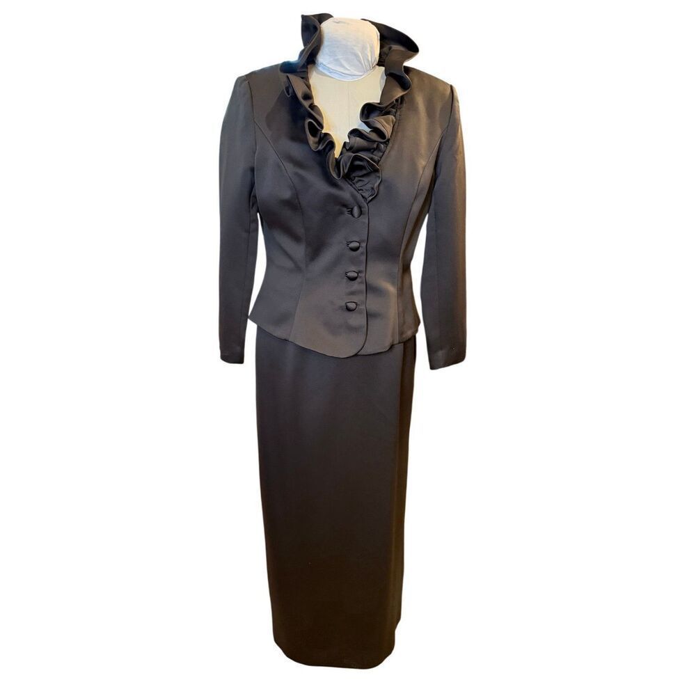 Oleg Cassini Black Tie Collection Evening Skirt Suit Ruffle Collar Jacket & Skir